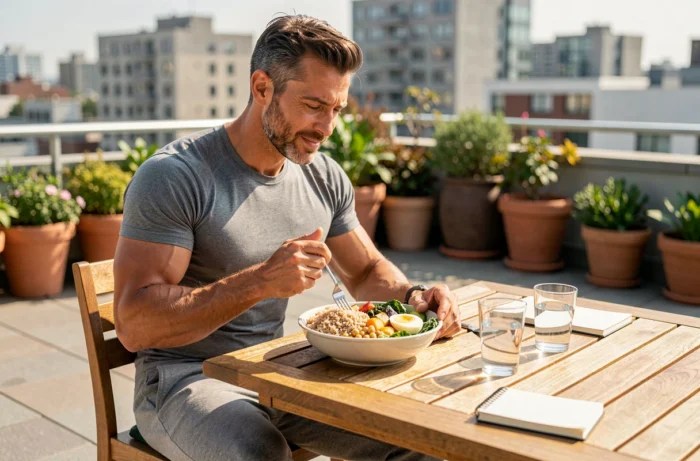 Sportif masculin savourant un repas nutritif équilibré après l'entraînement sur une terrasse urbaine