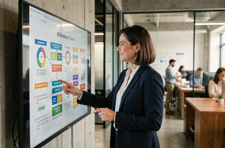 Femme professionnelle présentant une stratégie de communication d'entreprise sur grand écran dans un bureau moderne