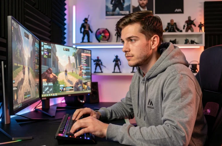 Jeune streamer français assis à son bureau gaming professionnel avec double écran et setup RGB dans un studio de streaming moderne