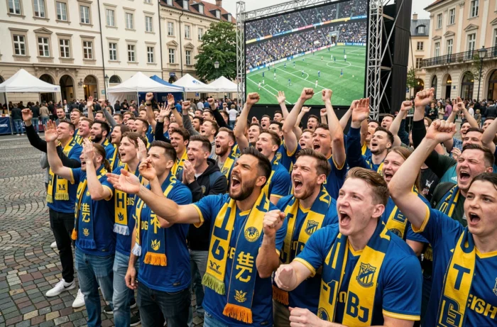 Groupe de supporters de football réunis dans une fan zone urbaine en plein air regardant un match sur grand écran