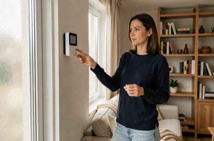 Femme vérifiant un système d'alarme connecté installé dans le salon de sa maison