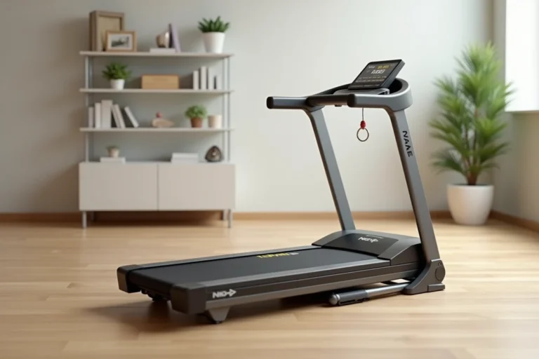 Tapis de course compact ISE SY-1005 plié dans un salon moderne avec parquet en chêne clair