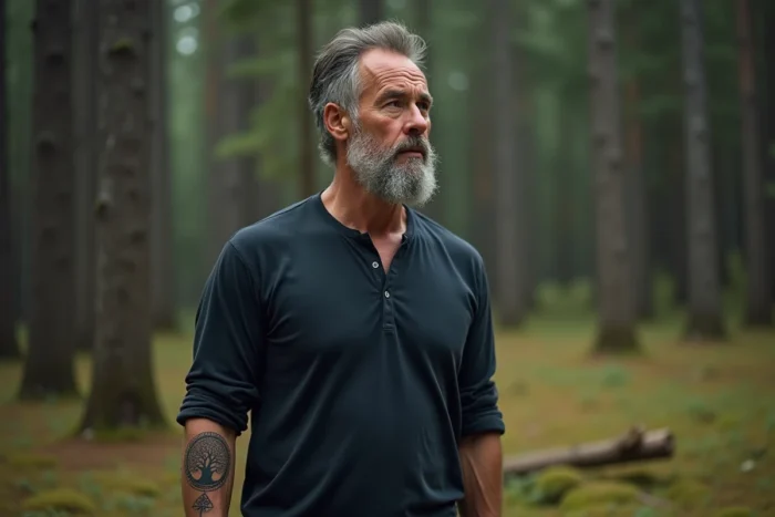 Homme mature avec un tatouage géométrique arbre de vie et boussole sur l'avant-bras dans une forêt, symbole de chemin de vie