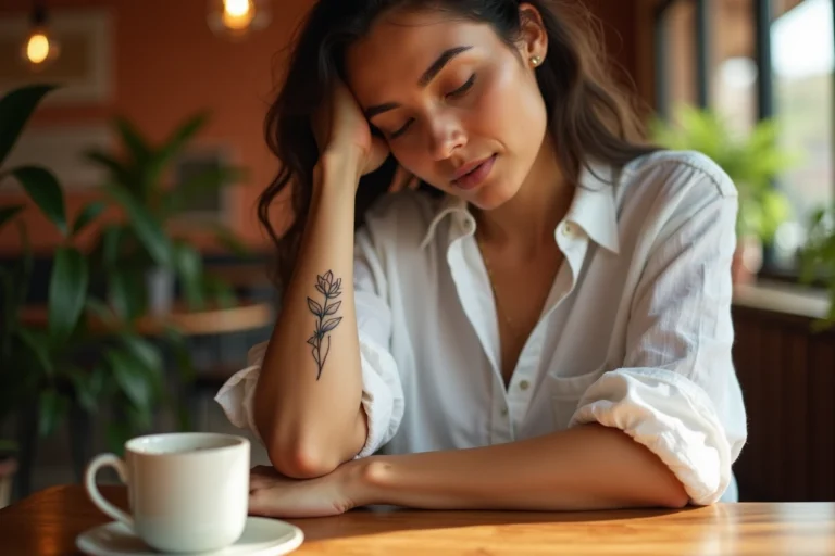 Femme aux bras tatoués d'un motif botanique de feuilles et lotus dans un café chaleureux, symbole de vie et de croissance