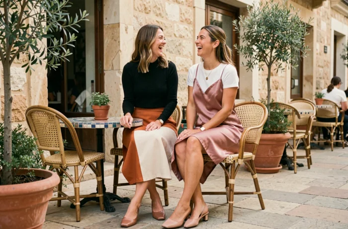 Deux femmes aux styles tendance — jupe color block et robe satin — riant ensemble en terrasse de café dans le sud de la France, reflétant les tendances mode estivales et automnales