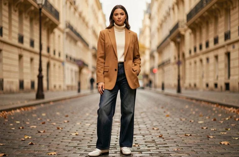 Femme élégante portant un blazer camel oversize et un pantalon large en denim dans une rue parisienne pavée en automne, illustrant les tendances mode de la saison