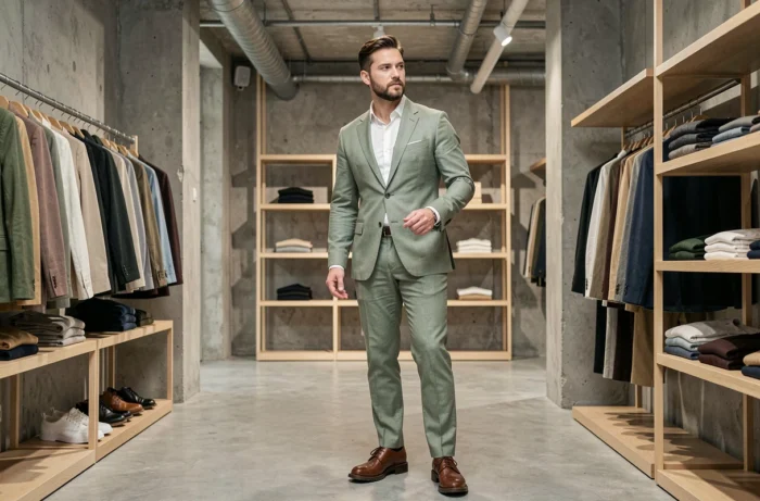 Homme en costume lin vert sauge dans un concept store minimaliste, illustrant les tendances mode masculine pour cette saison
