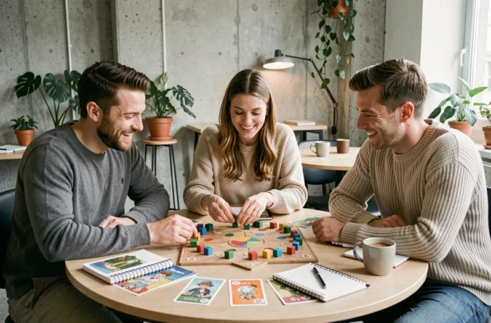 Groupe de joueurs testant un jeu de société personnalisé dans un espace de coworking français