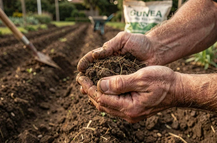 Mains tenant de la terre enrichie en compost pour vérifier sa qualité avant le semis de gazon