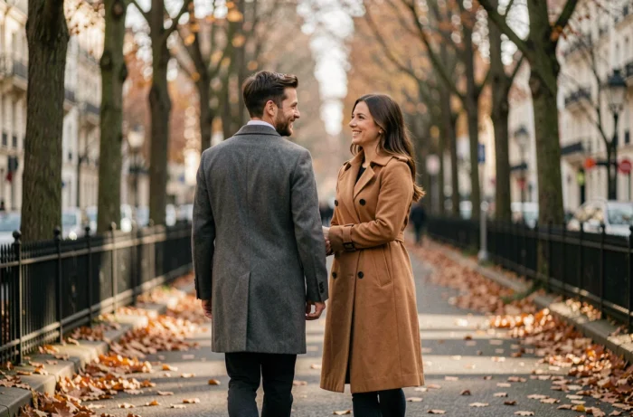 Couple se promenant ensemble sur une avenue parisienne en automne, évoquant la relation amoureuse de Tom Benoit