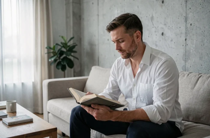 Homme seul dans son intérieur moderne lisant un livre, illustration de la vie personnelle et privée de Tom Benoit