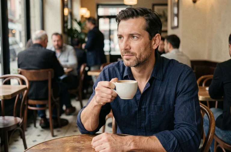 Homme assis seul dans un café parisien, regard pensif, illustrant la vie privée de Tom Benoit