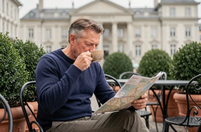 Touriste consultant une carte en terrasse de café sur la Place Guillaume II au cœur de Luxembourg-Ville