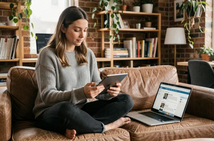 Jeune professionnelle consultant une veille sectorielle sur tablette dans un espace de coworking détendu