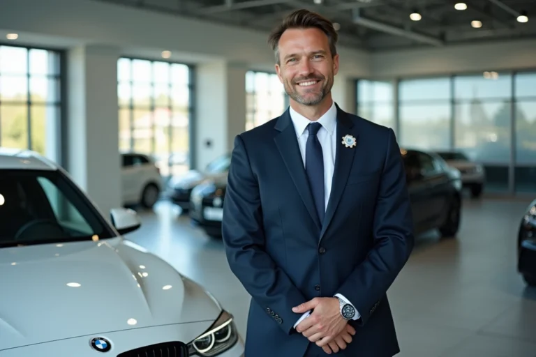 Vendeur automobile BMW en costume sombre posant à côté d'une BMW blanche dans un showroom moderne