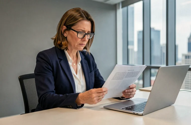 Une professionnelle examine attentivement des documents contractuels pour vérifier la fiabilité d'une société immobilière avant de s'engager